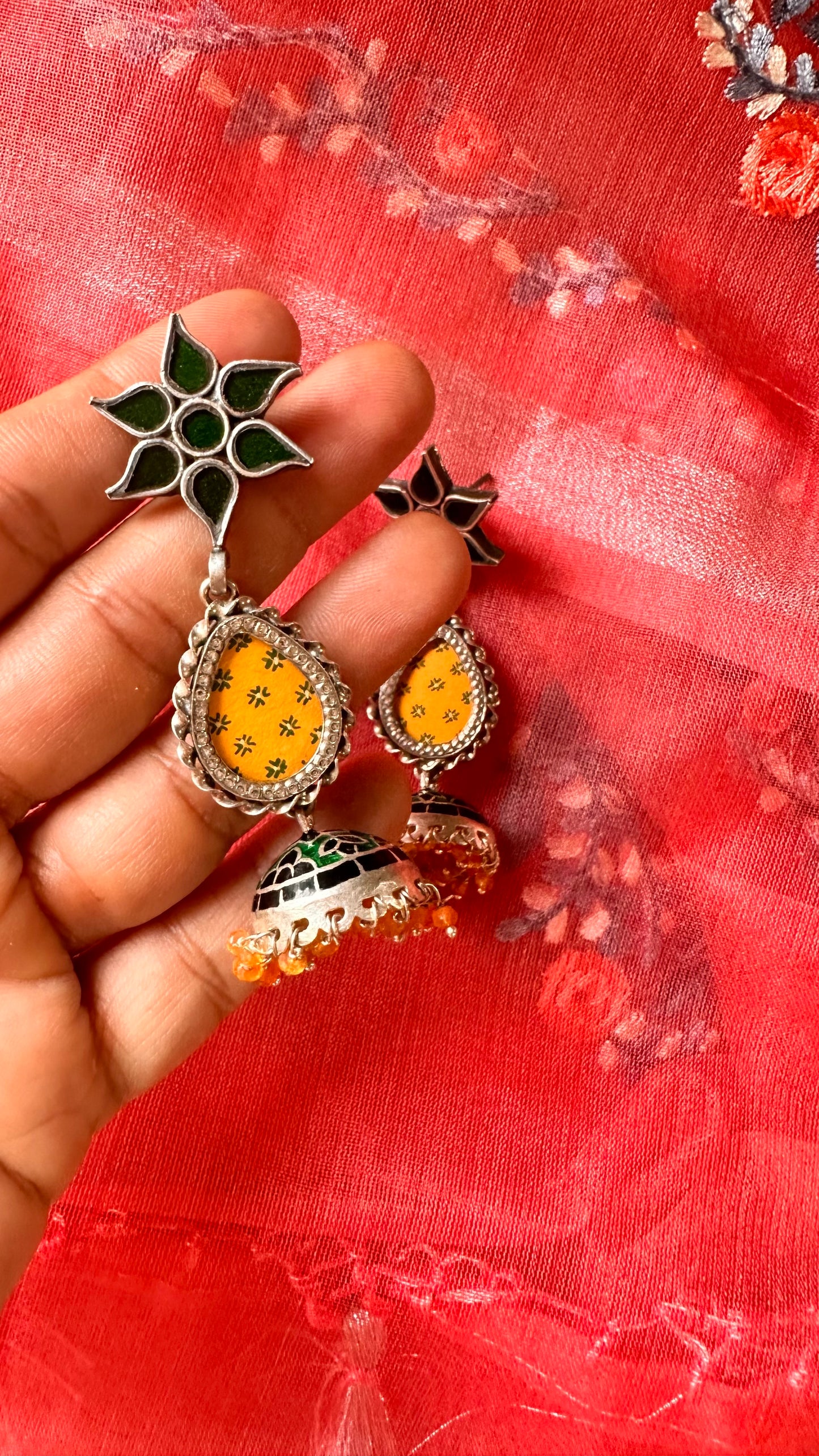 PRASHUN.  Beautiful vintage silver jhumkas with enamel work